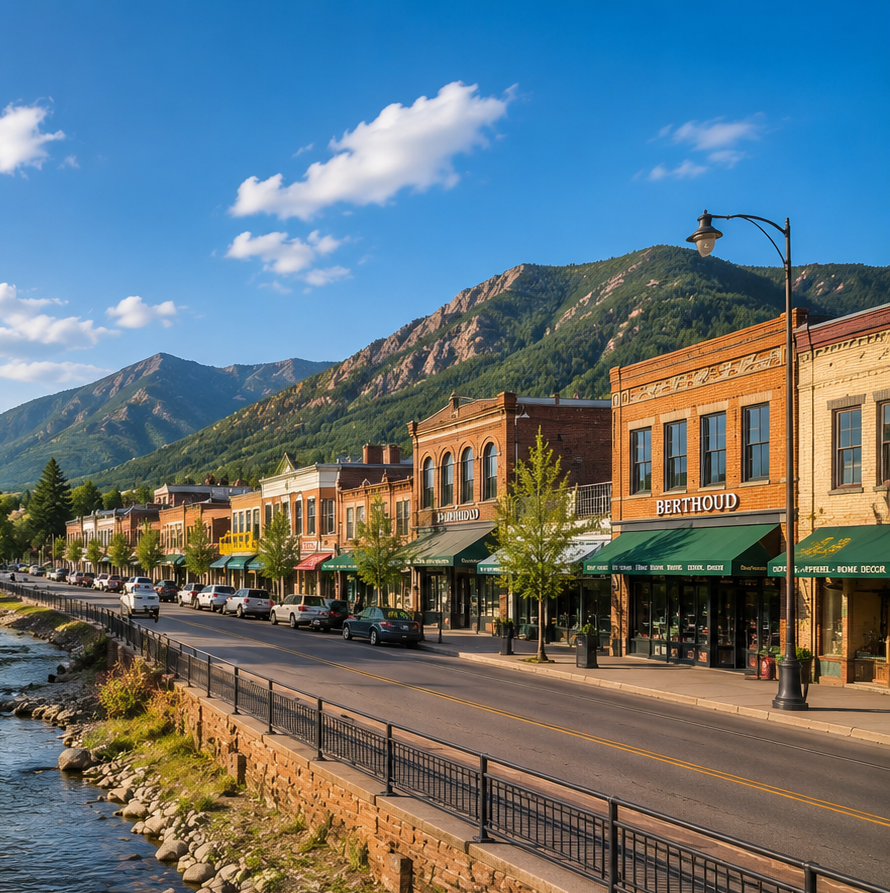 Berthoud Colorado downtown with mountain backdrop