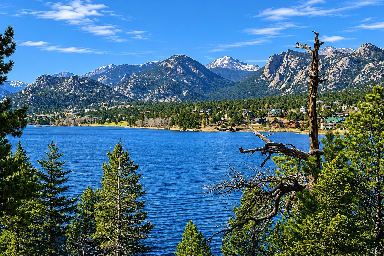 Estes Park lakeside homes with Rocky Mountain views and pine forest