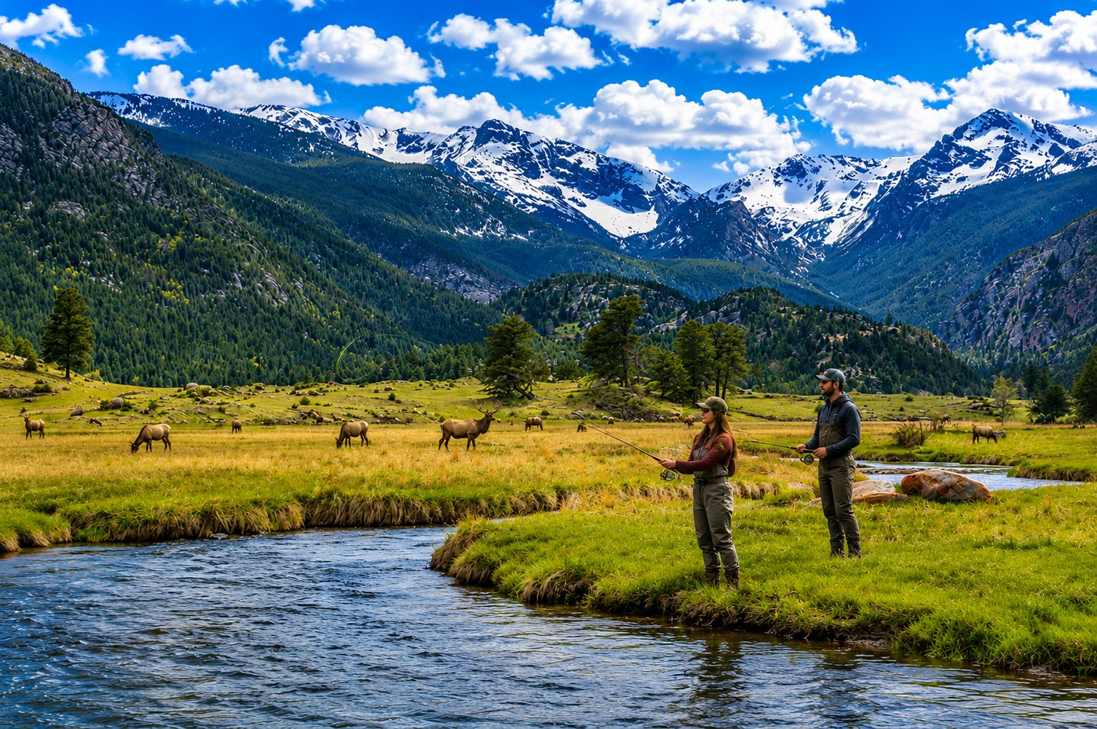 Fly fishing along a mountain stream in Estes Park with elk grazing and snow-capped peaks