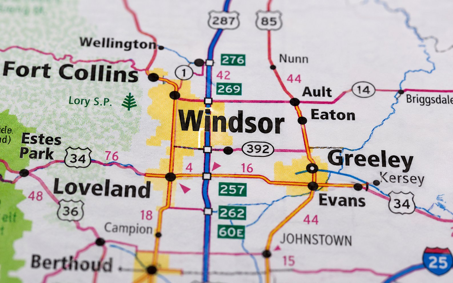 Windsor Colorado central location map - between Fort Collins, Loveland, and Greeley